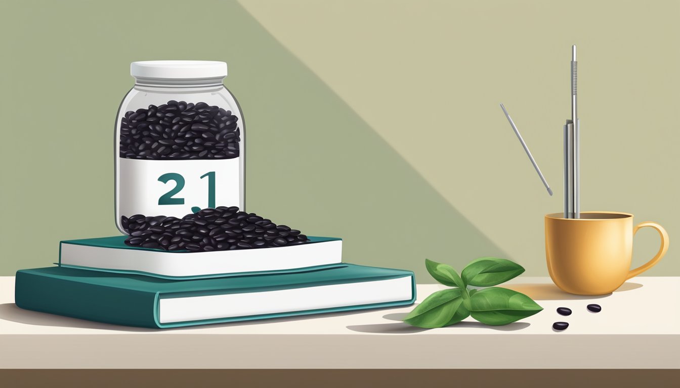 A shelf with a bag of black beans, a calendar, and a thermometer