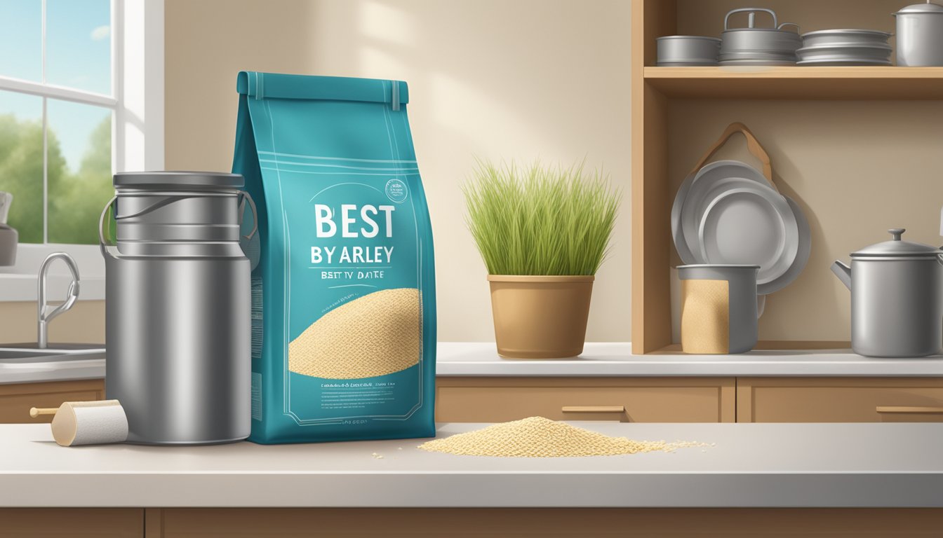 A bag of barley flour sits on a kitchen shelf, sealed and labeled with a "best by" date. A calendar on the wall marks the current date