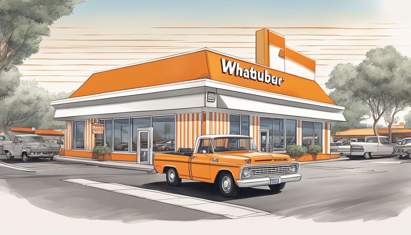 A bustling Whataburger restaurant in Texas, with the iconic orange and white striped exterior, a drive-thru line of cars, and a welcoming atmosphere