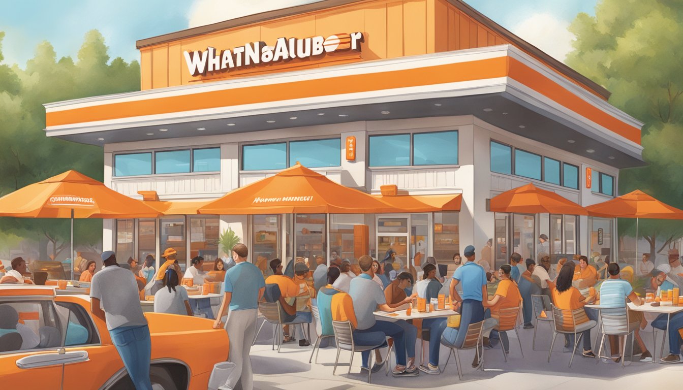 A bustling Whataburger in California with customers enjoying their meals, staff assisting, and a vibrant community engagement event outside the restaurant