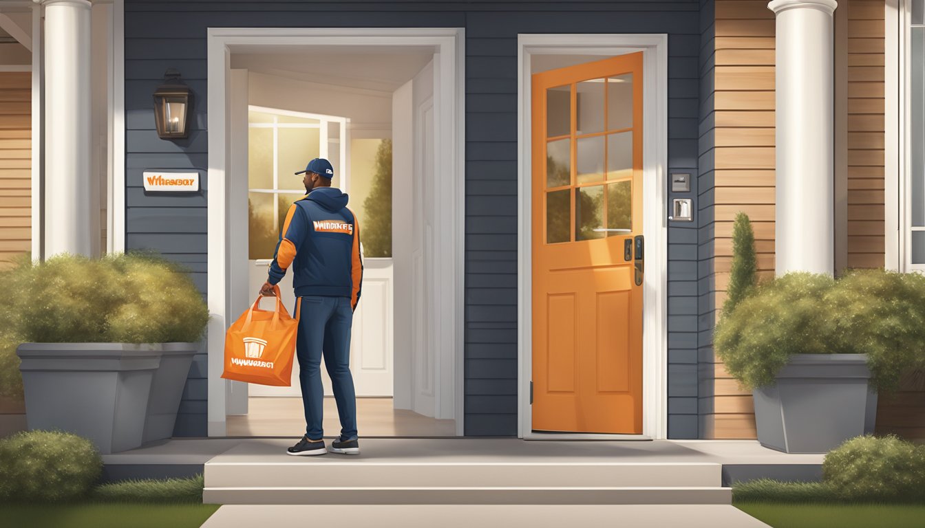 A delivery driver handing over a branded Whataburger bag to a customer at their front door