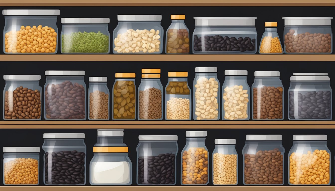 A pantry shelf with a tightly sealed container of uncooked black beans, surrounded by other dry goods