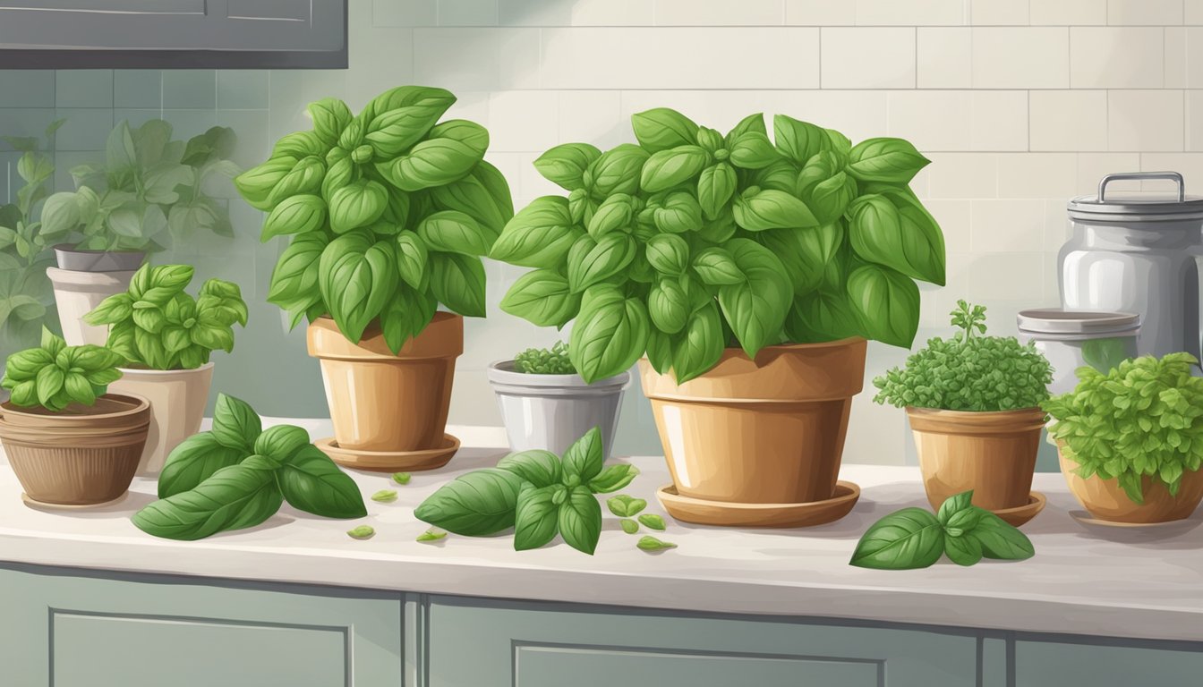 A fresh bunch of basil sits on a kitchen counter, surrounded by different varieties of the herb in small pots