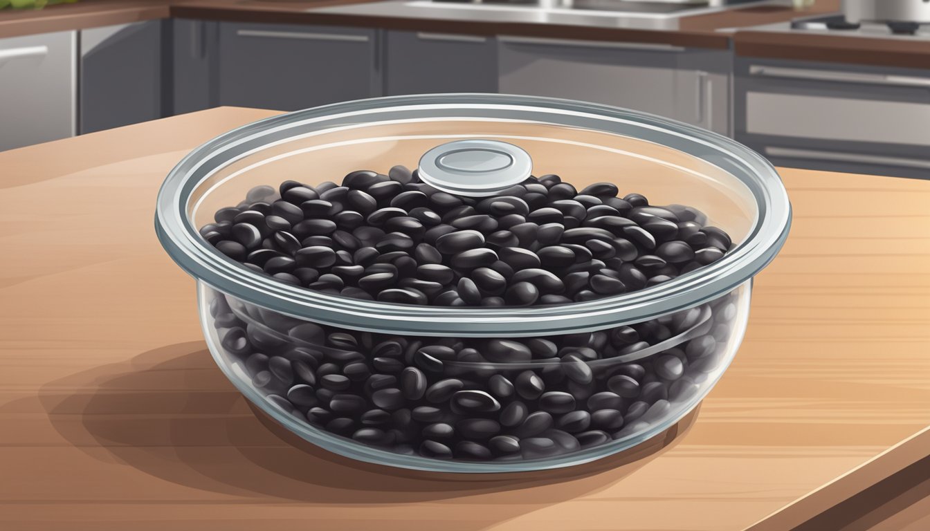 A glass container filled with cooked black beans, sealed with a lid, sits on a kitchen counter. The beans appear fresh and ready for storage