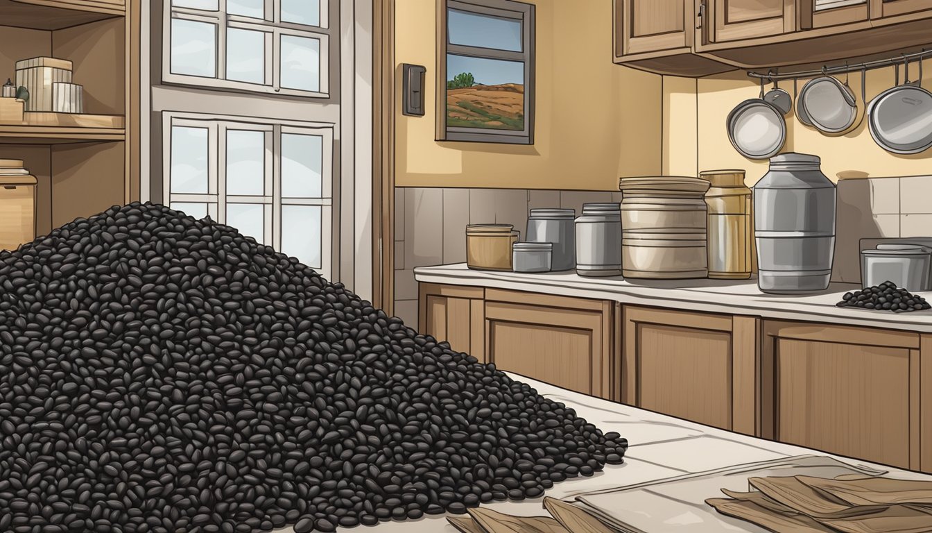 A pile of black beans in a pantry, some of them moldy and discolored, with a calendar on the wall showing the current date