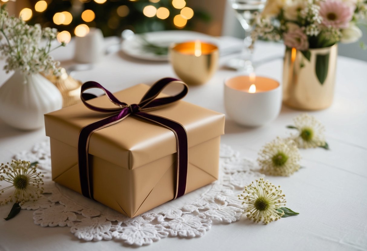 A beautifully wrapped gift sits on a table surrounded by delicate flowers and elegant decor. The soft lighting creates a warm and inviting atmosphere