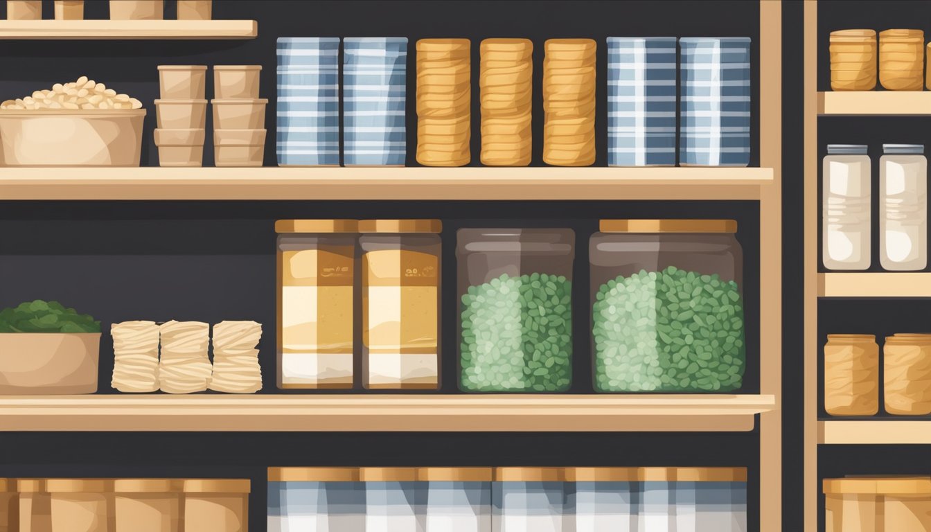 A package of bean thread noodles sits on a pantry shelf next to other dry goods