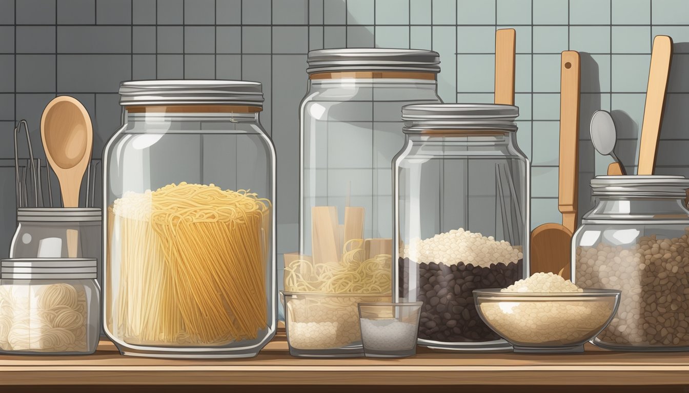 A clear glass jar filled with bean thread noodles sits on a kitchen shelf, surrounded by other dry ingredients and cooking utensils