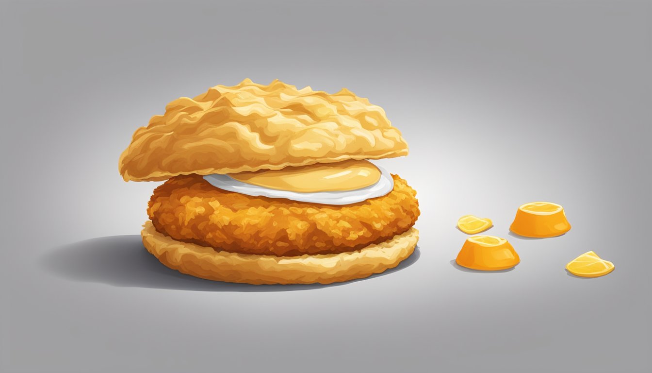 A golden biscuit topped with honey butter and a crispy chicken patty, served on a white and orange wrapper