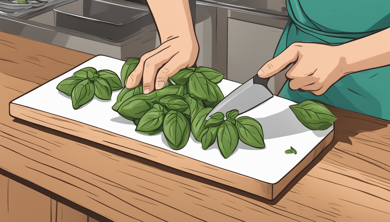 Fresh basil in a kitchen setting, placed on a cutting board with a knife next to it. A chef's hand reaches for the basil