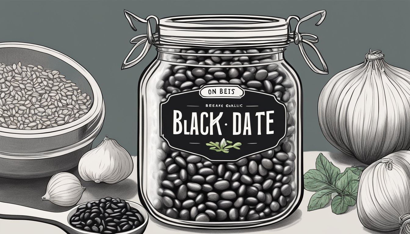 A jar of black beans with a "best by" date label, surrounded by fresh ingredients like onions, garlic, and spices