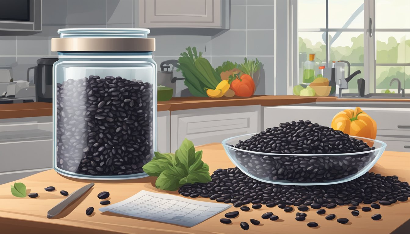 A pile of moldy black beans sits in a clear container on a kitchen counter, surrounded by fresh produce and a calendar