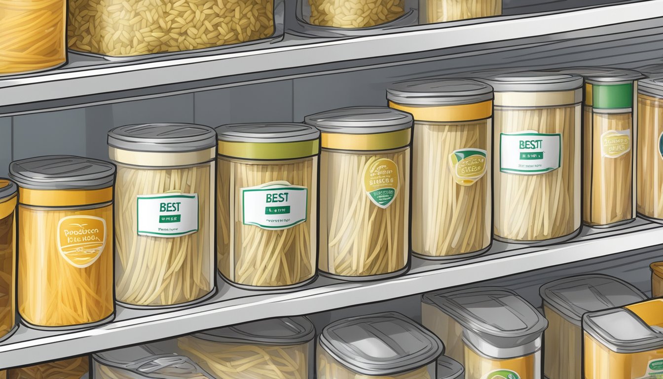 Bean thread noodles in a sealed container on a pantry shelf, with a "best by" date label visible