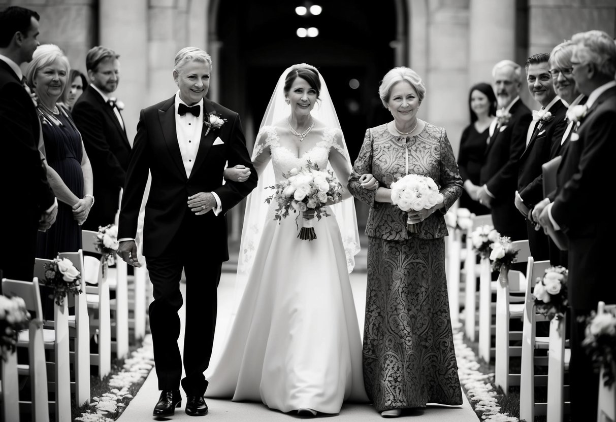 A figure in elegant attire guides the mother of the bride down the aisle, their presence exuding grace and support