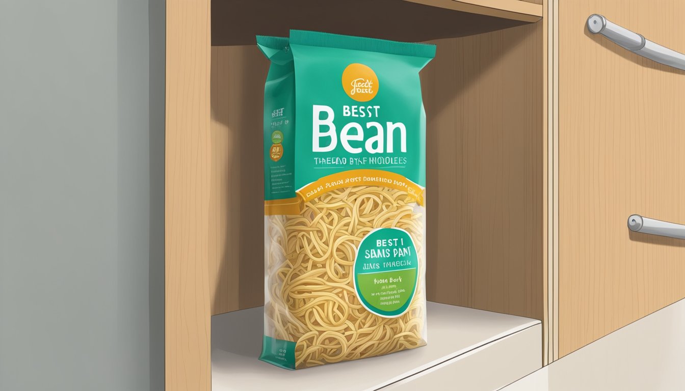 A package of bean thread noodles sits on a pantry shelf, with a "best by" date clearly visible