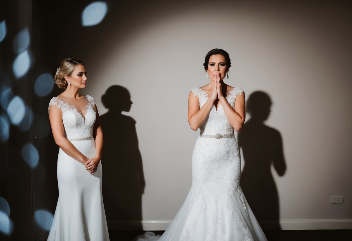 A woman in an elegant dress stands with a disapproving expression, casting a shadow over a bride in her wedding gown