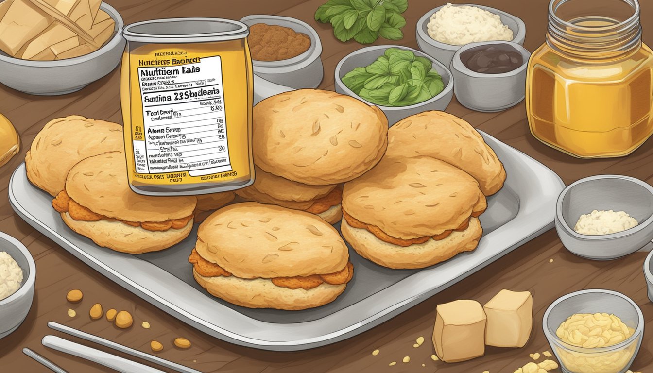 A honey butter chicken biscuit surrounded by ingredients, with a nutrition label in the background