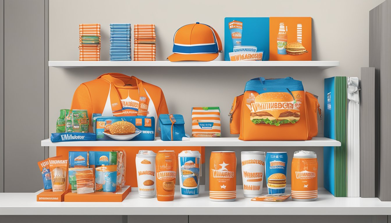 A colorful display of Whataburger merchandise and collaborations, including gift cards, arranged on a shelf