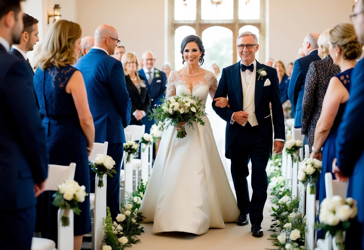A figure clad in elegant attire escorts the mother of the bride down the aisle, blending traditional and modern elements