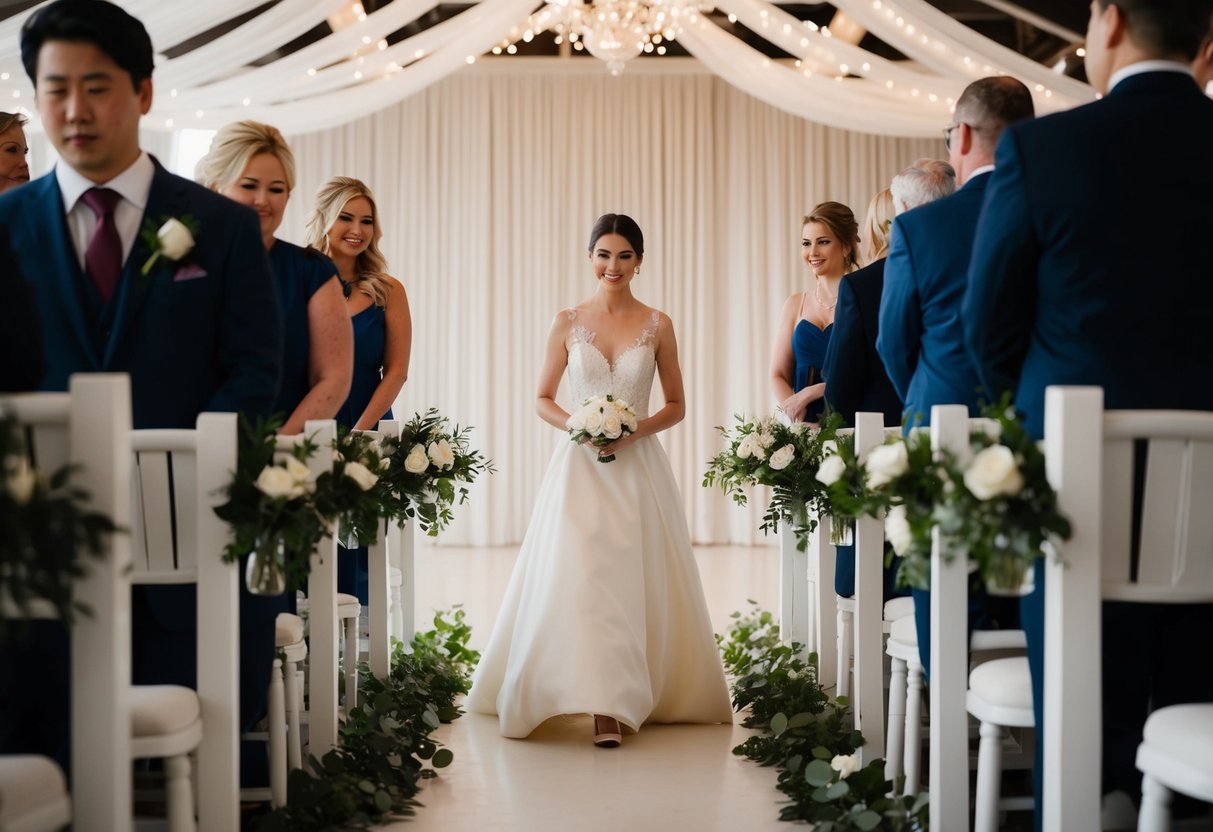 A lone figure moves gracefully down the aisle