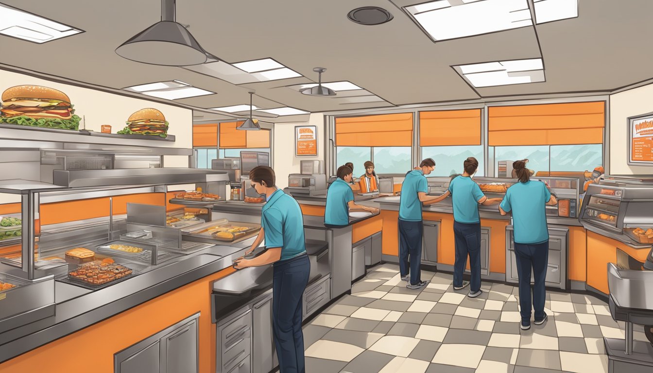 A busy Whataburger restaurant with employees taking orders and preparing food behind the counter