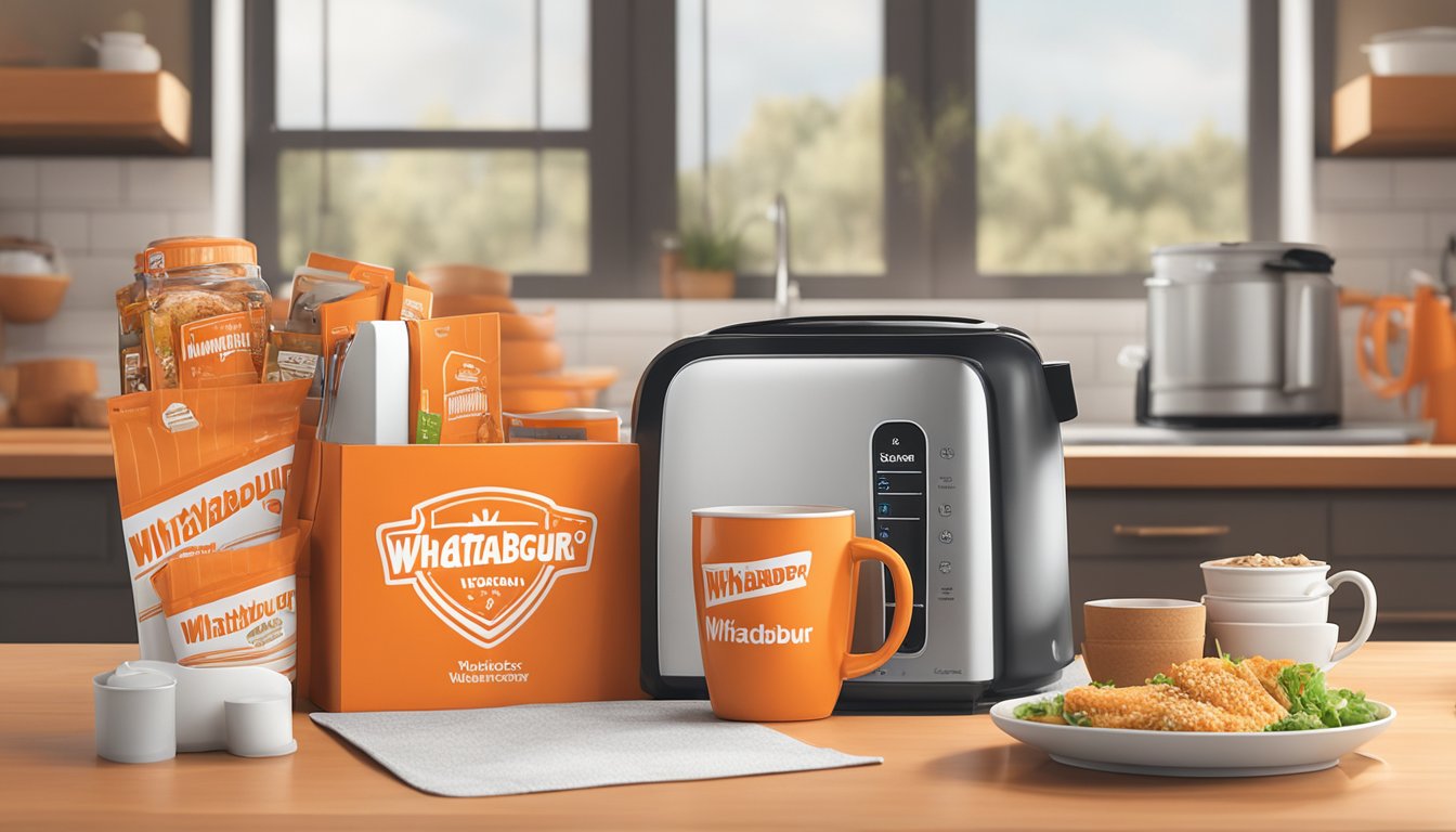 A cozy kitchen with Whataburger-themed home essentials and outdoor gear displayed, alongside a Whataburger gift card balance being checked online