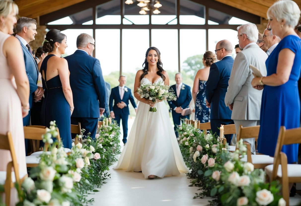 A woman walks down a flower-lined aisle, surrounded by family and friends, as she makes her way to the front of the wedding venue