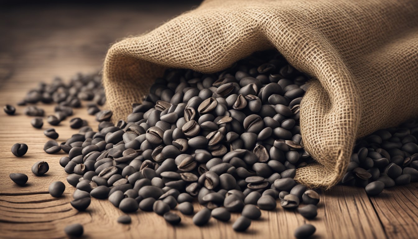 A pile of dried black-eyed peas in a rustic burlap sack, with a few spilled onto a wooden tabletop