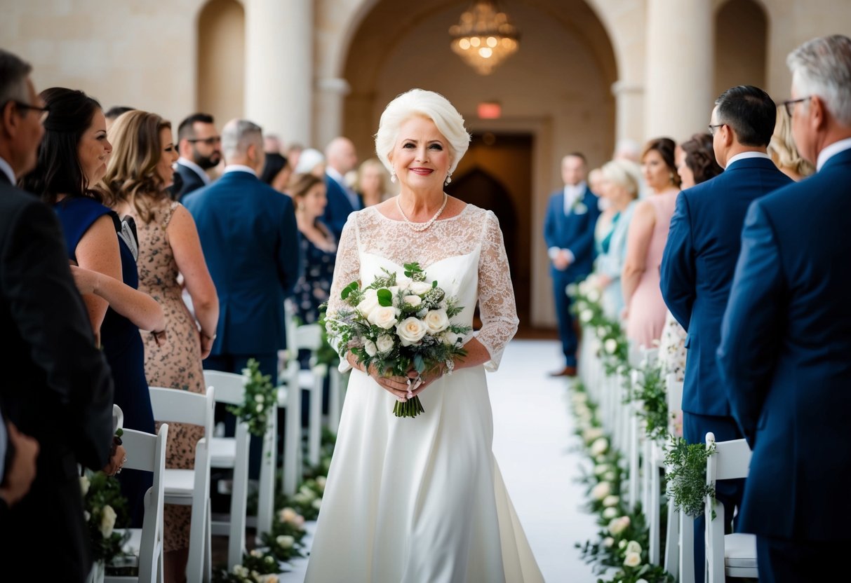 The mother of the bride walks confidently down the aisle, radiating grace and poise