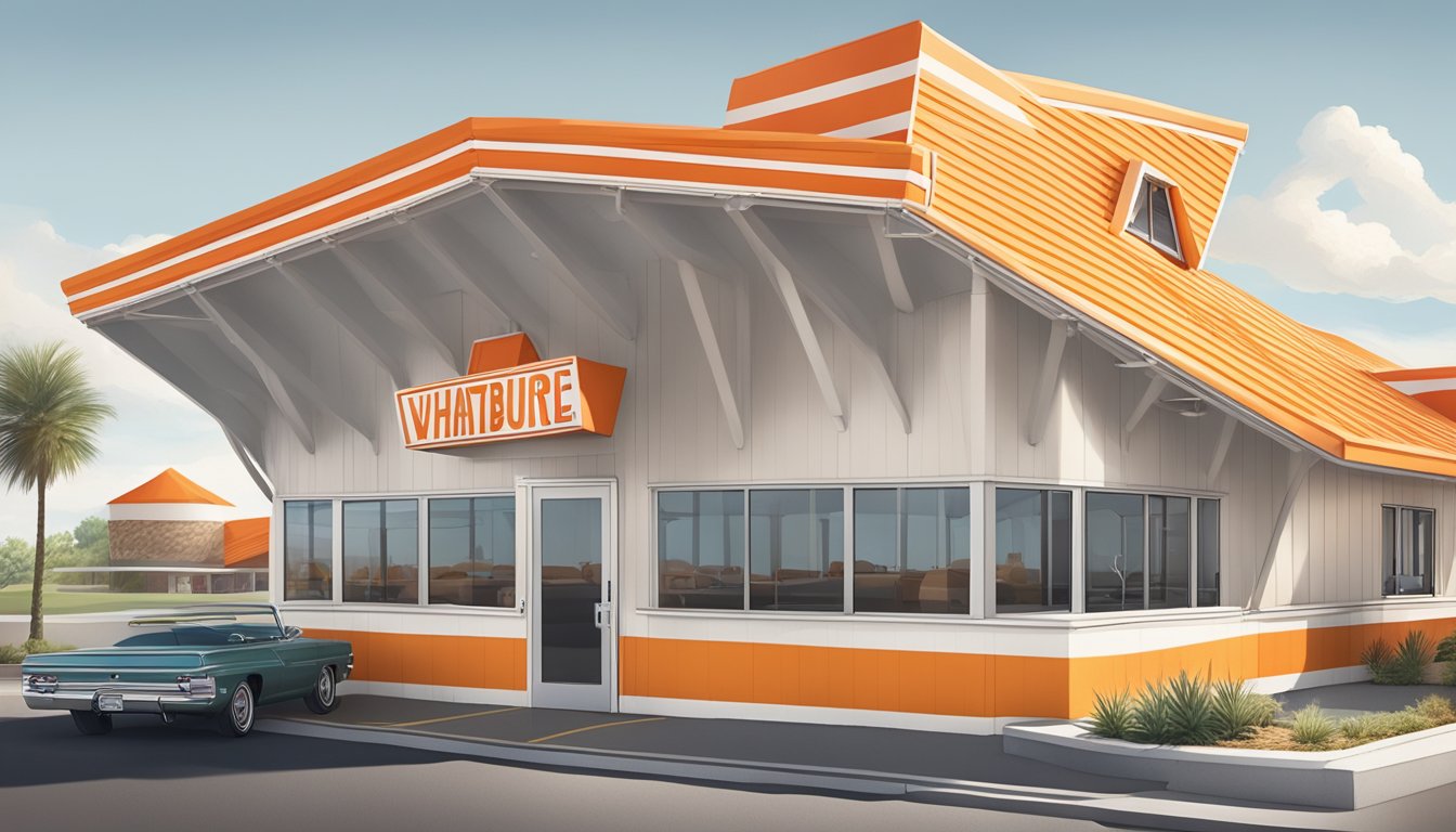 A classic Whataburger restaurant with the iconic orange and white striped A-frame building, drive-thru lanes, and the signature orange and white striped roof