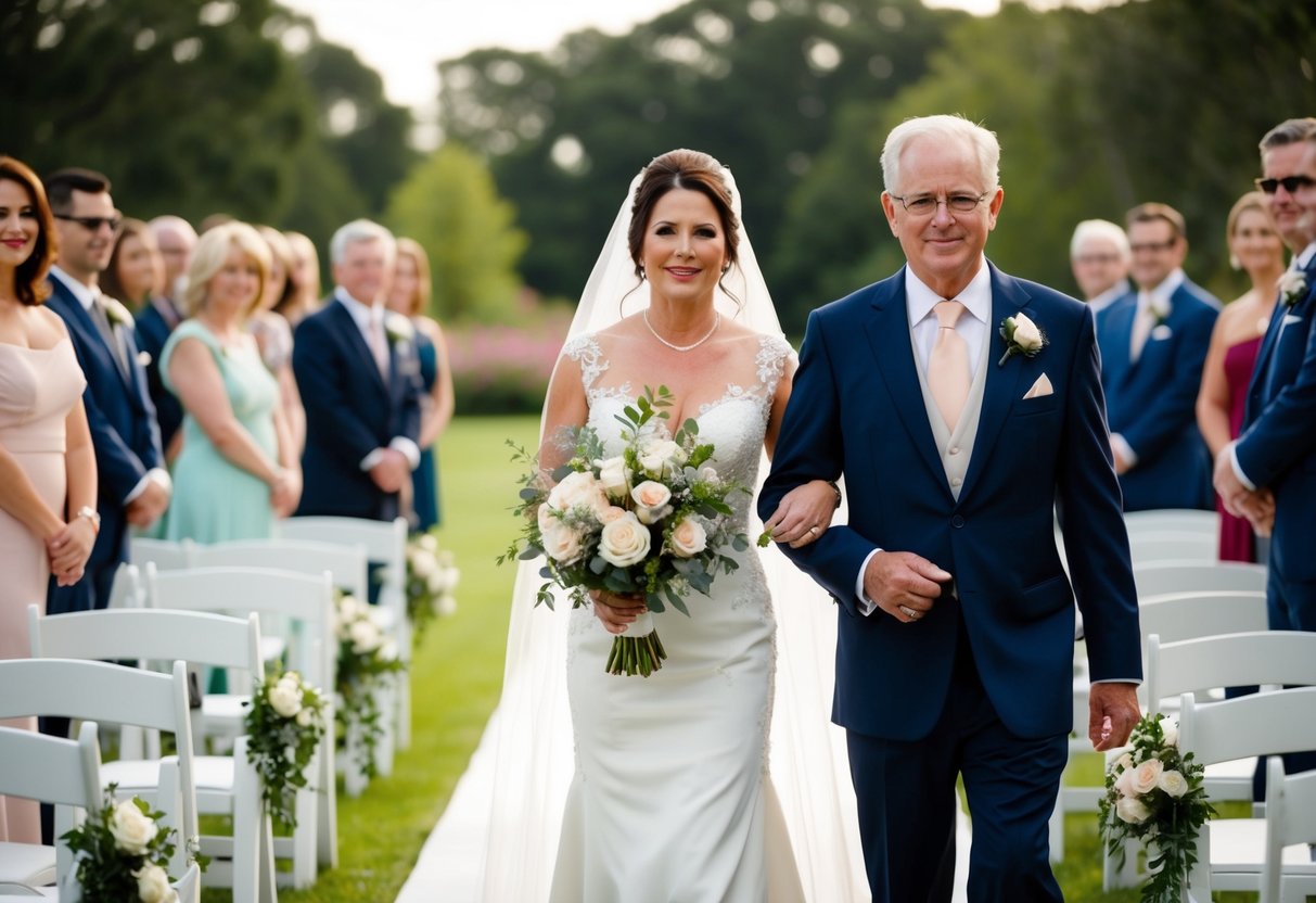 A graceful figure guides the mother of the bride down the aisle