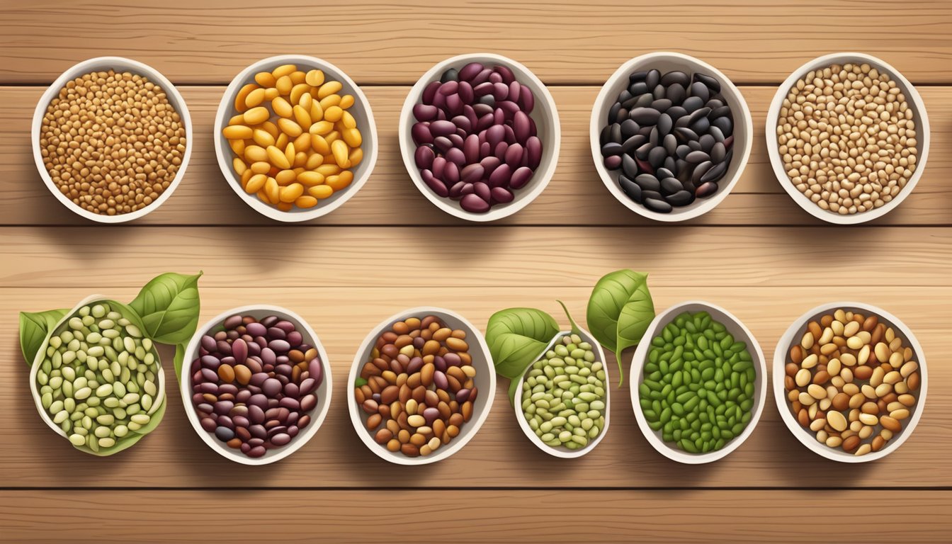 A variety of beans in different stages of freshness, from dried to sprouted, arranged in a row on a wooden surface