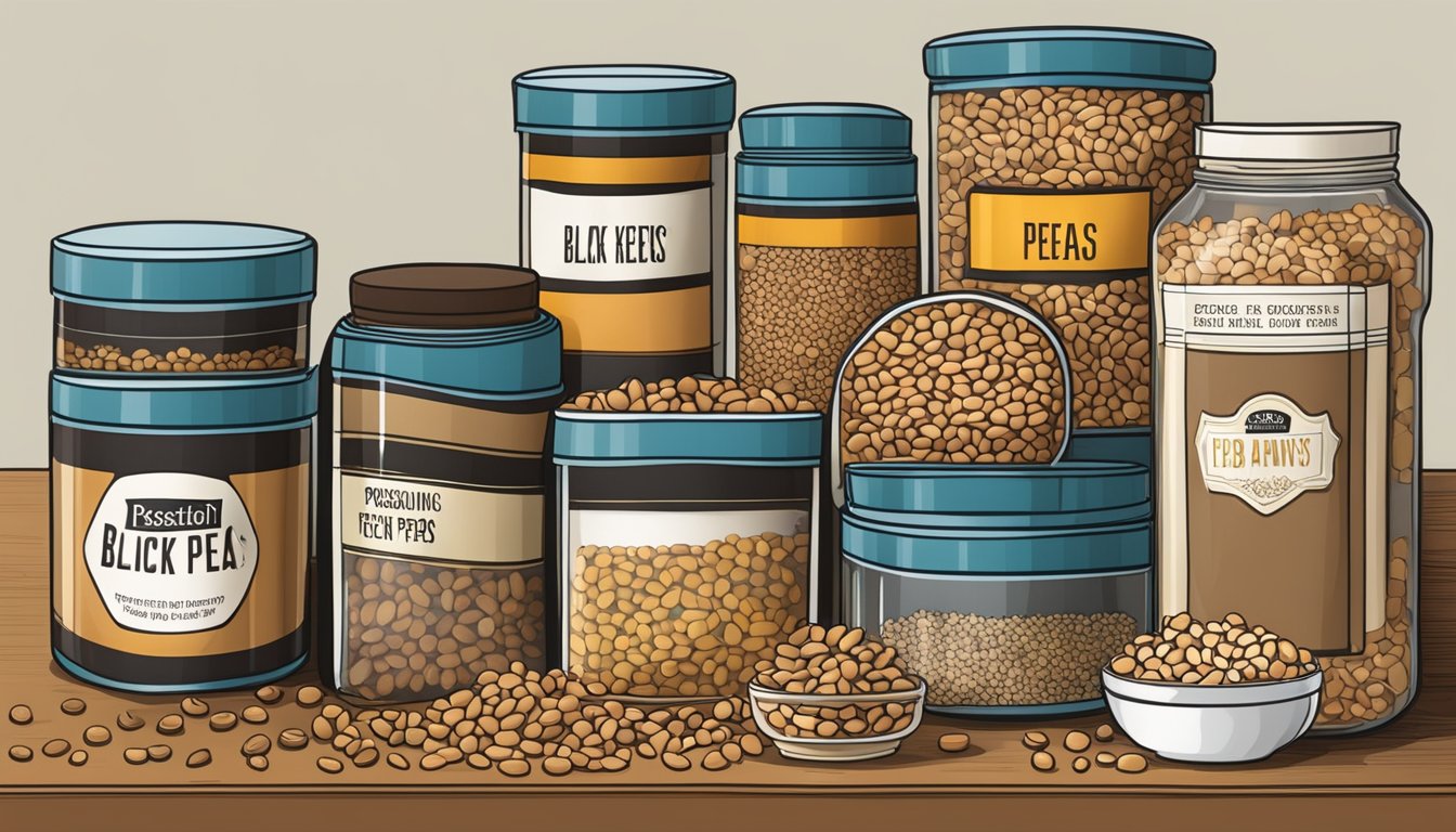 A pantry shelf with a sealed container of black-eyed peas, surrounded by other dry goods