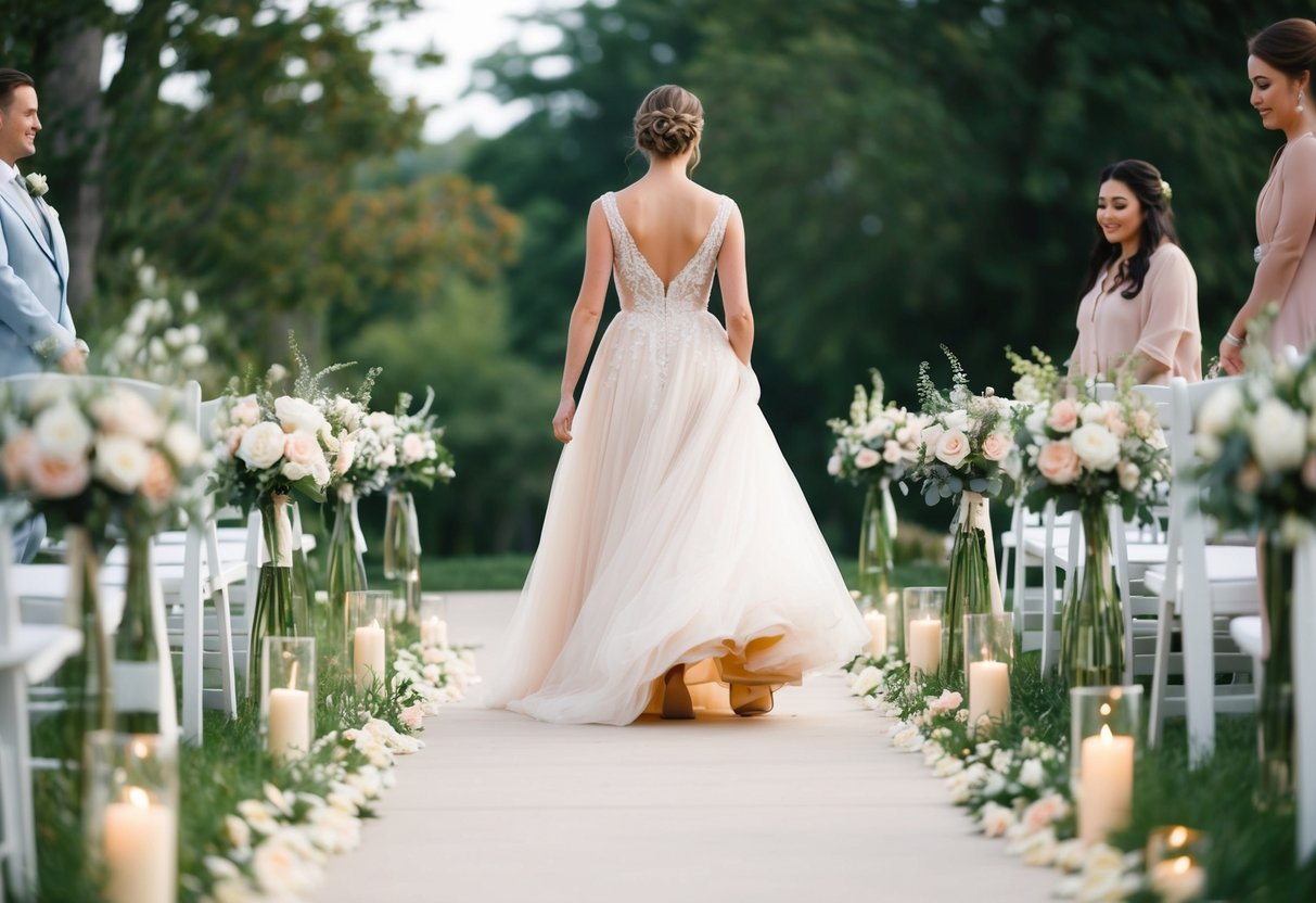 A figure in a flowing gown walks down a flower-lined aisle. The setting is serene and romantic, with soft lighting and delicate details