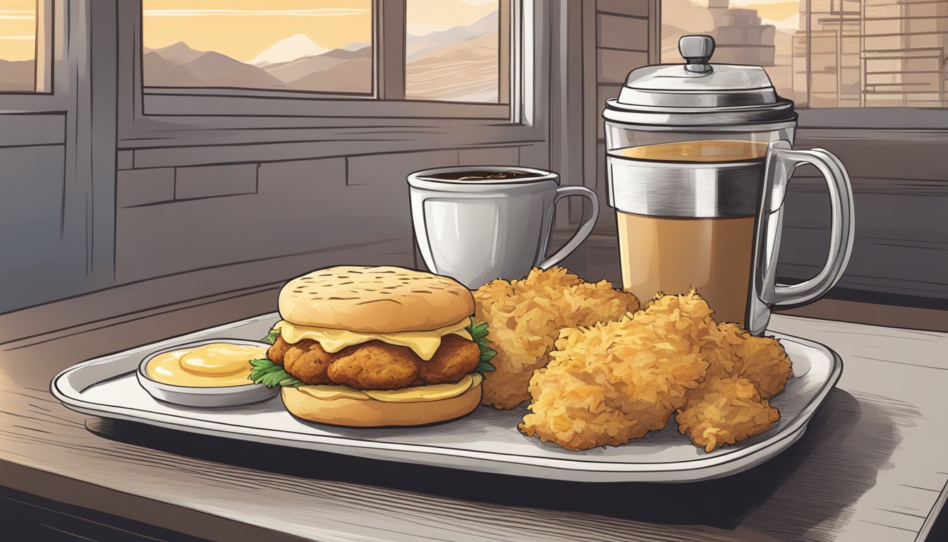 A steaming honey butter chicken biscuit on a tray with a side of hash browns and a cup of coffee, surrounded by a warm, inviting atmosphere