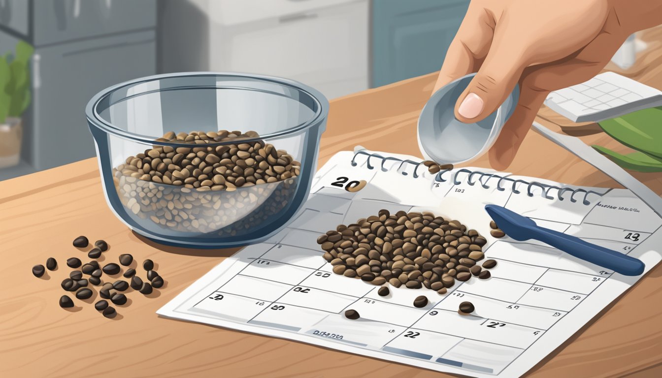 A bag of dried black-eyed peas sits on a kitchen counter next to a calendar showing the current date. A hand reaches for a measuring cup