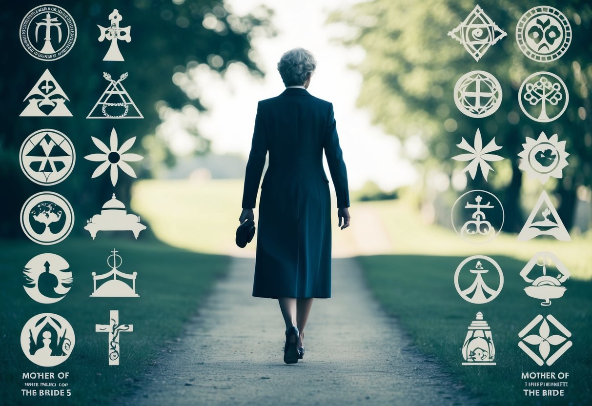 A lone figure walks down a path, surrounded by symbols of various cultures and religions, representing the diverse perspectives on the mother of the bride’s role