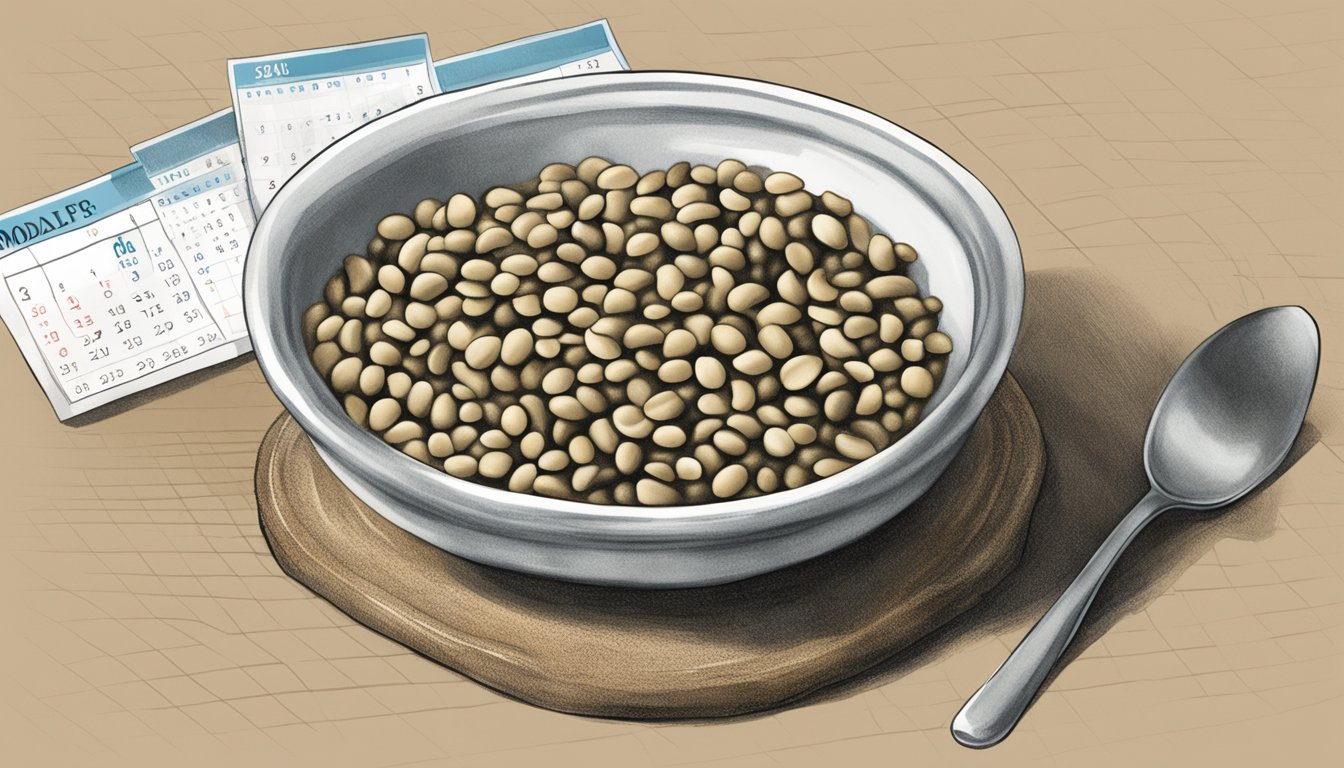 A bowl of black-eyed peas with moldy spots and a calendar showing the expiration date