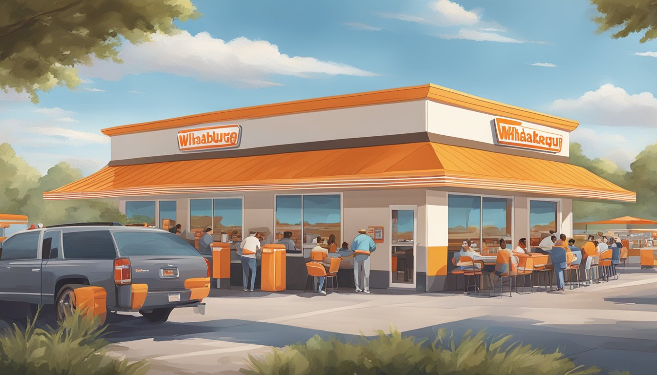 A bustling Whataburger restaurant in California, with a line of customers at the drive-thru and outdoor seating filled with diners enjoying their meals