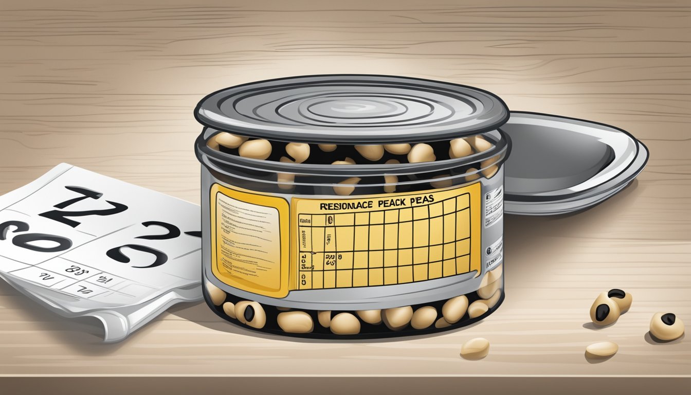 A sealed container of cooked black-eyed peas sits in a refrigerator next to a calendar showing the current date