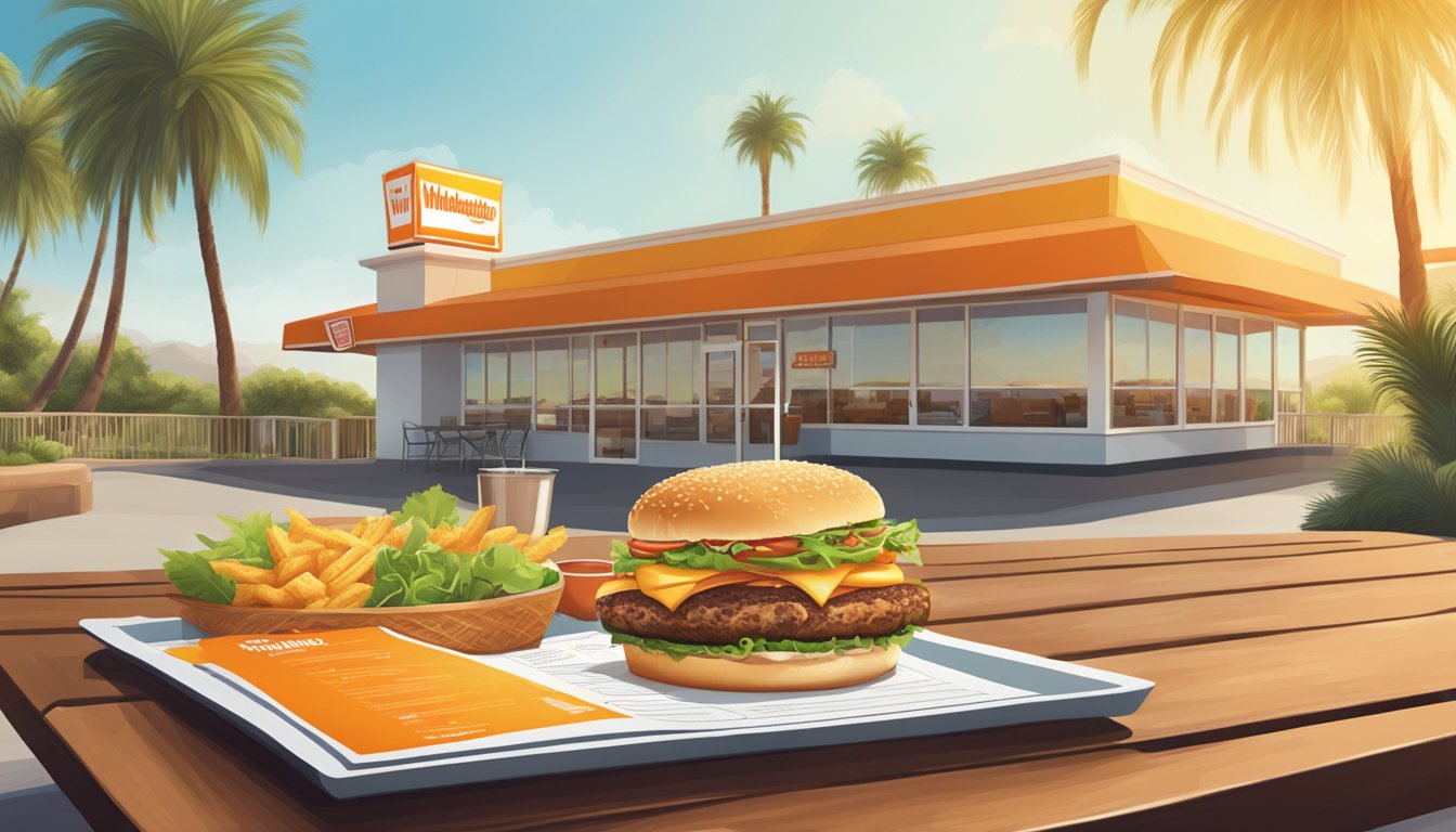 A sunny outdoor patio with palm trees and a Whataburger menu displayed on a table, with the California landscape in the background