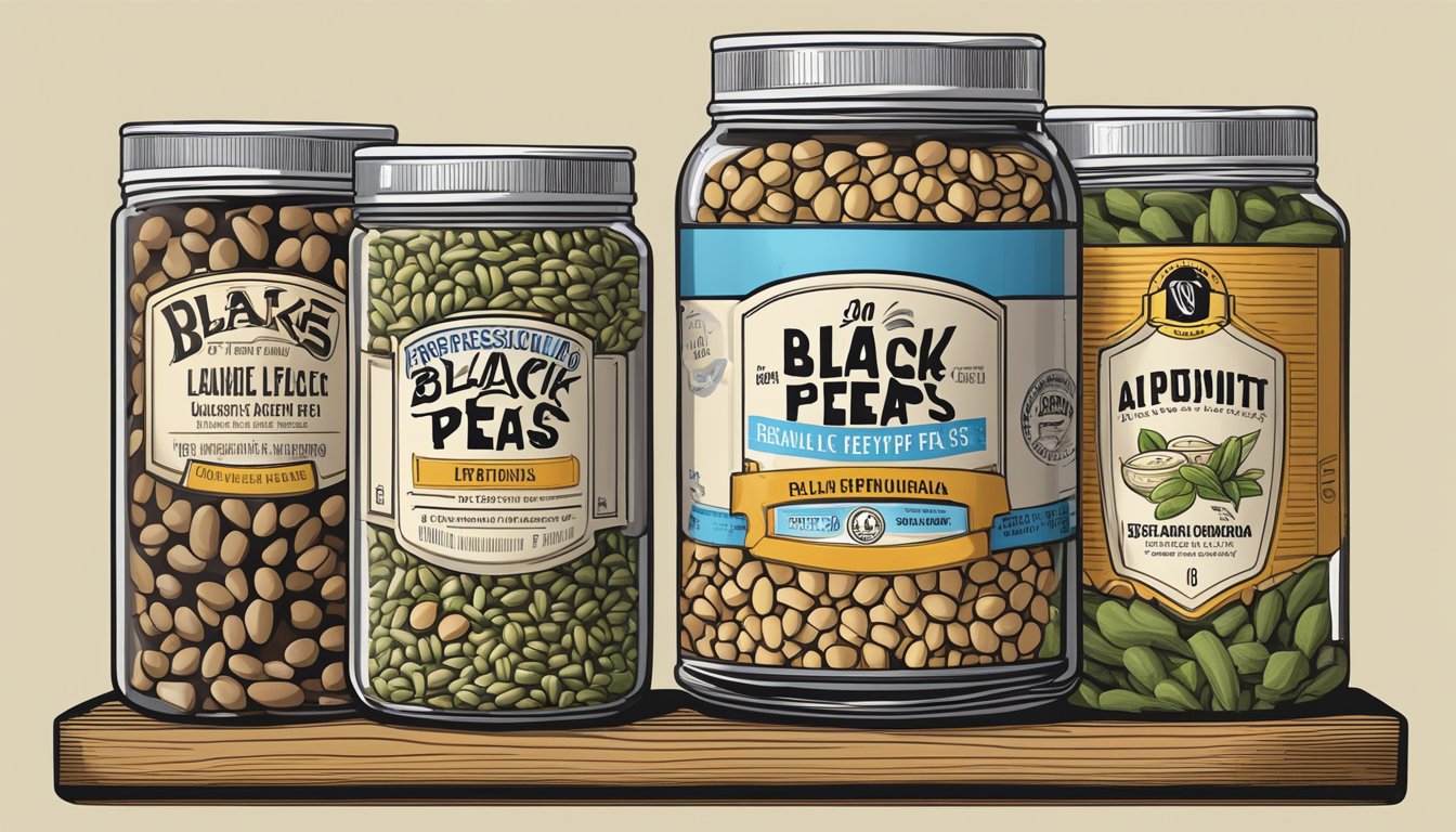 A jar of black-eyed peas sits on a shelf, surrounded by other canned goods. The label on the jar indicates the expiration date