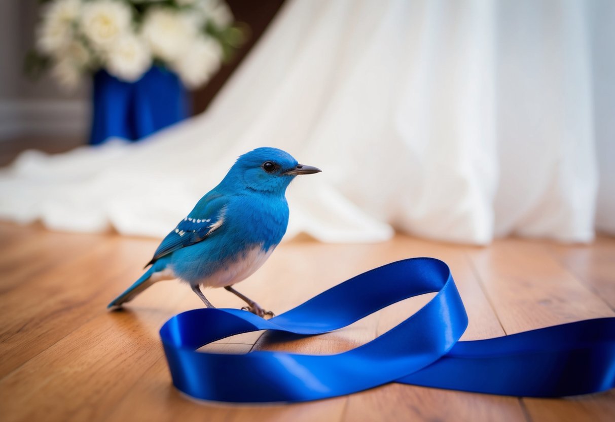 A small blue bird drops a ribbon at the bride's feet