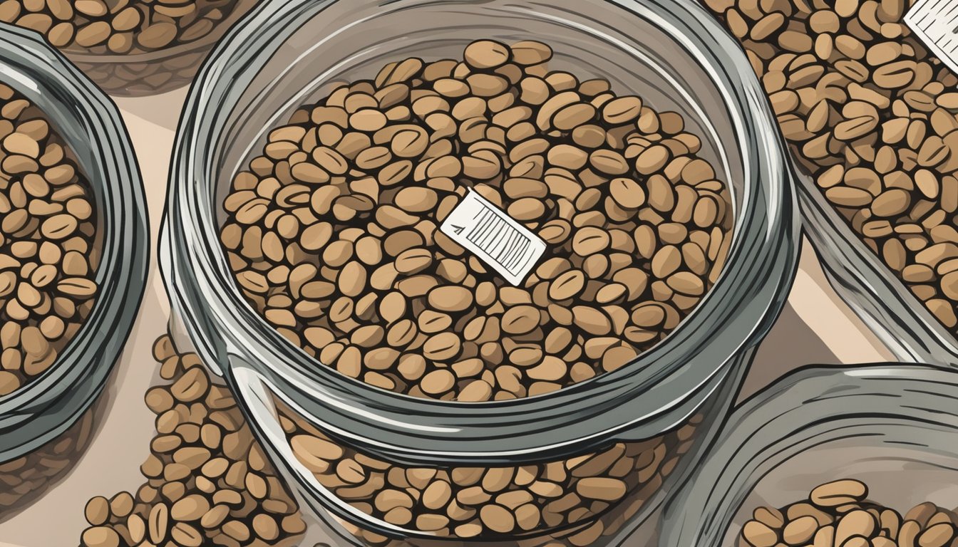 A pile of dried beans sits in a clear, airtight container with a visible expiration date on the label. Some beans are beginning to show signs of mold and discoloration