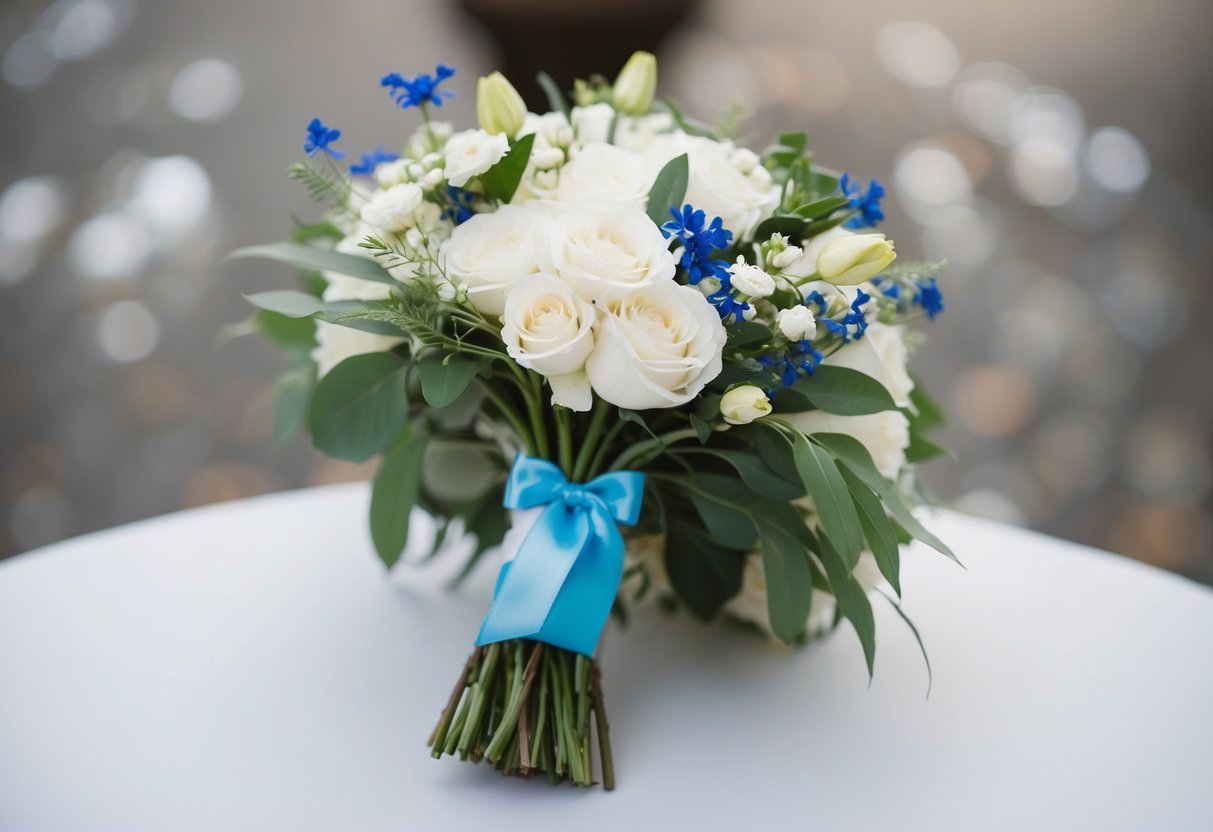A bride's bouquet with a small blue ribbon tied around the stems