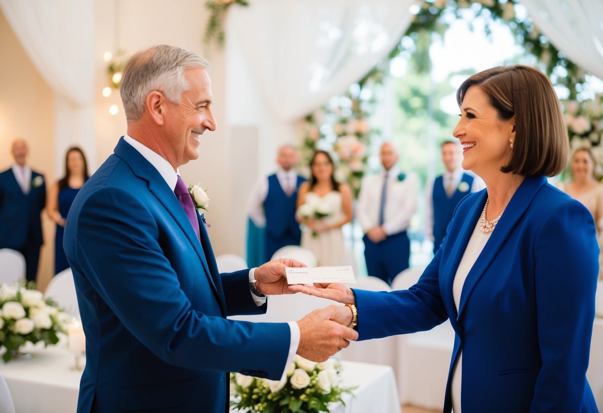 A proud father hands over a check to a smiling wedding planner in a beautifully decorated venue