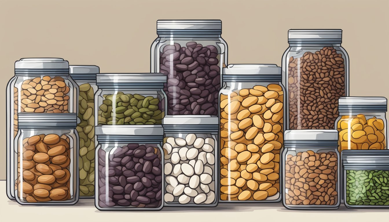 A pantry shelf with various types of beans in clear, labeled containers. Some beans spill out onto the counter