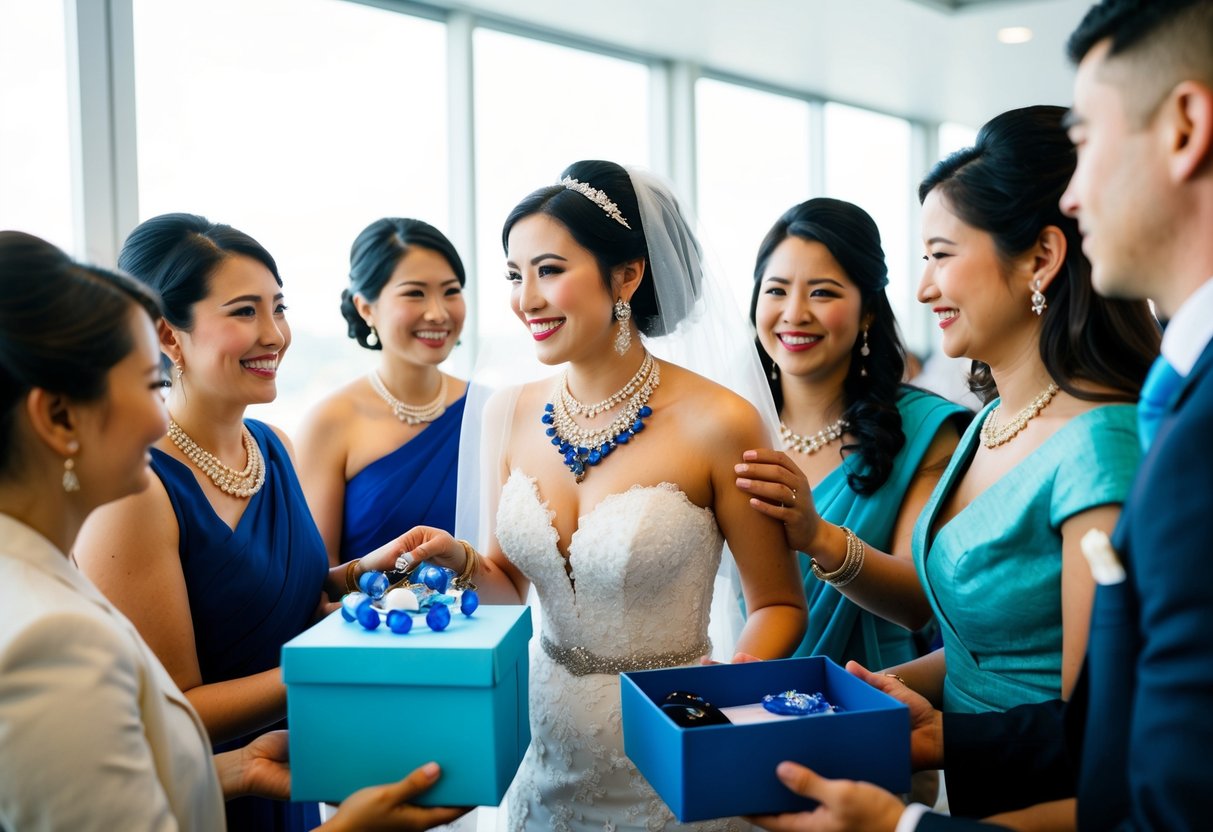 A bride receiving a mix of traditional and modern blue items from a group of friends