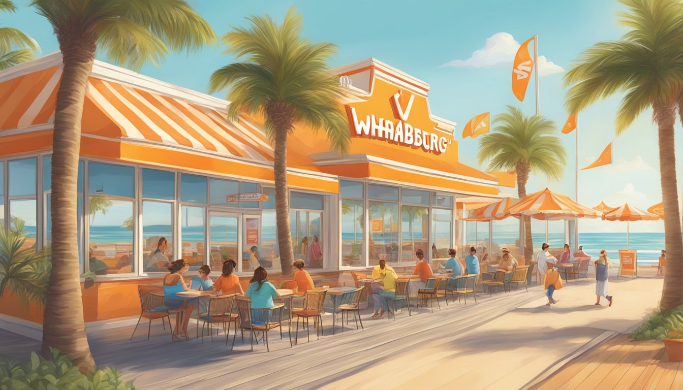 A sunny California beach with a palm tree-lined boardwalk, featuring a vibrant WhatABurger franchise with a line of eager customers