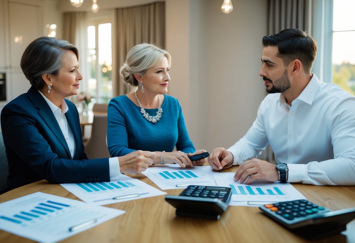 A couple's families discussing wedding expenses at a table with financial documents and calculators